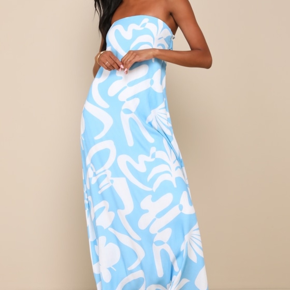Summering in São Paulo Light Blue Abstract Strapless Maxi Dress